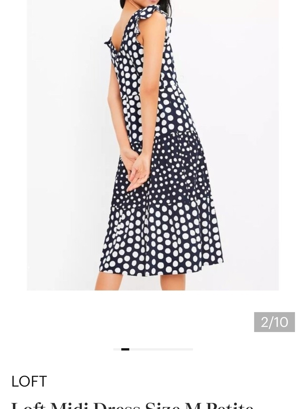LOFT NAVY WHITE POLKA DOT TIERED RUFFLED DRESS V-NECK MIDI LENGTH NWT WOMENS L - Picture 9 of 11